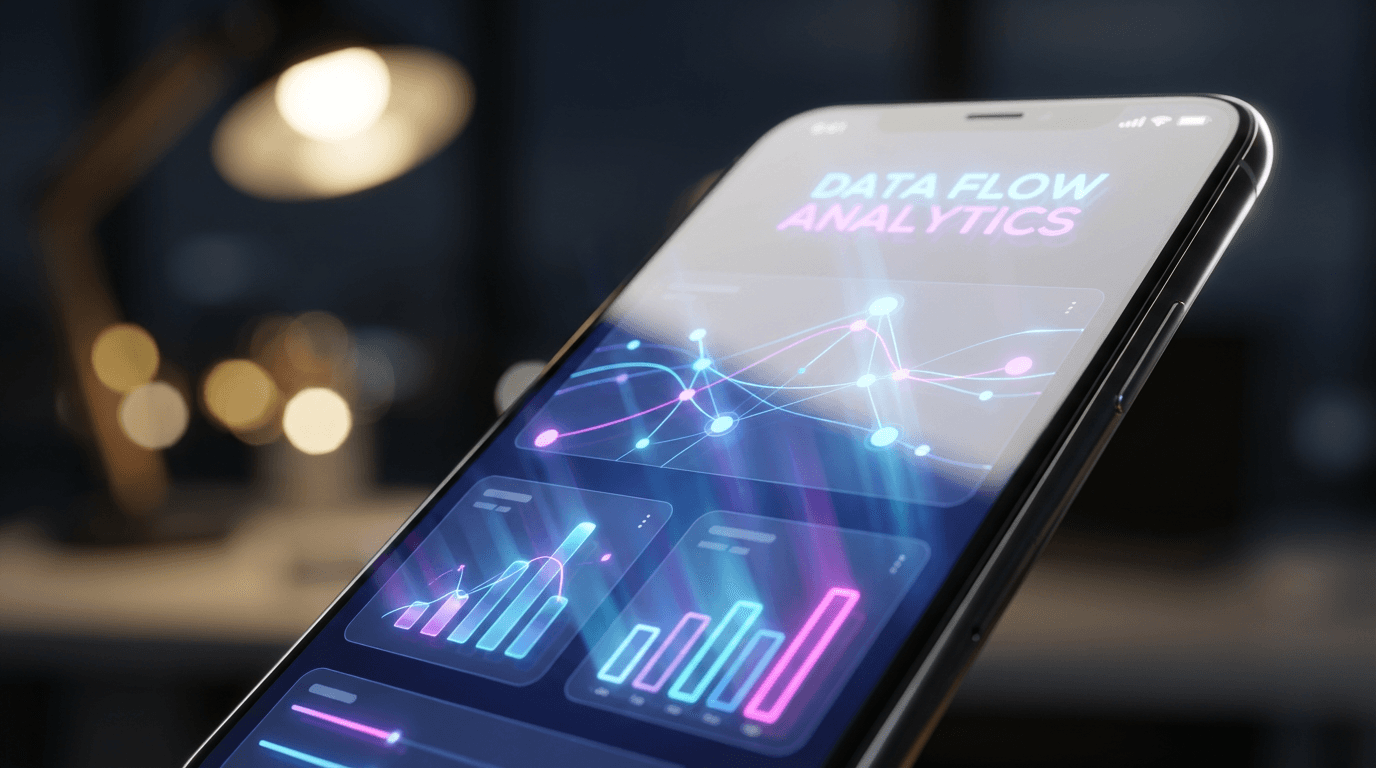 Smartphone screen displaying animated colorful data analytics graphs with pulsing network nodes and flowing visualization lines in blue and neon pink tones.