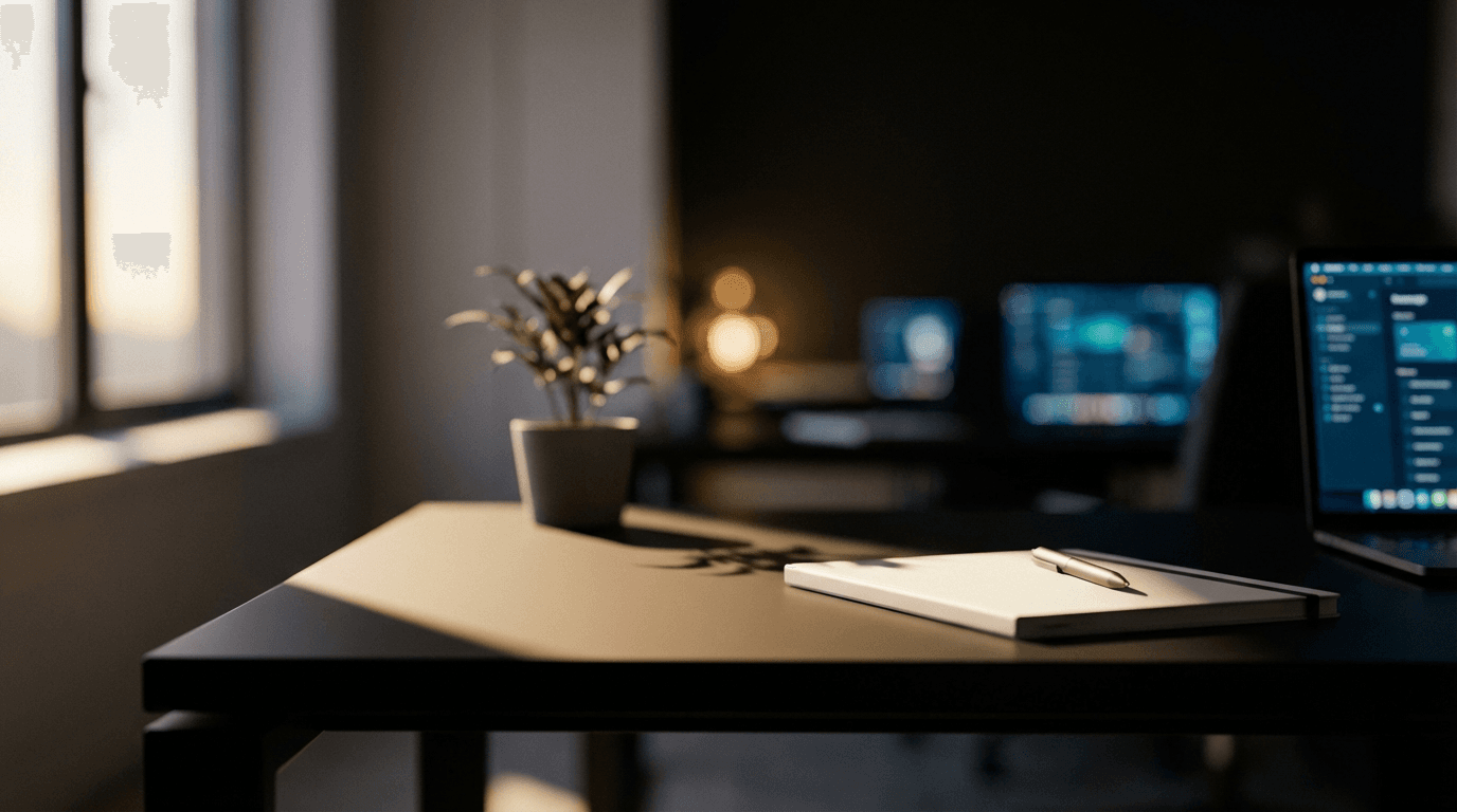 Modern office desk with glowing laptop screens in background, sharp notebook and pen in foreground.