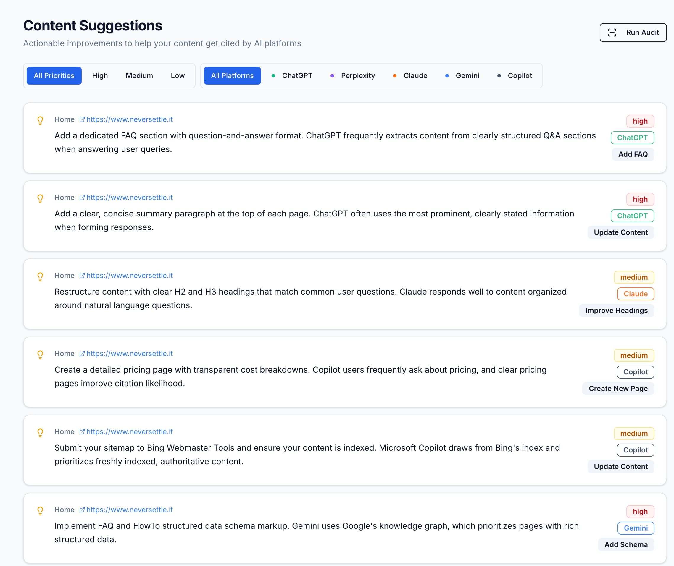 Content suggestions dashboard displaying actionable improvements for AI platforms, filtered by priority and platform.