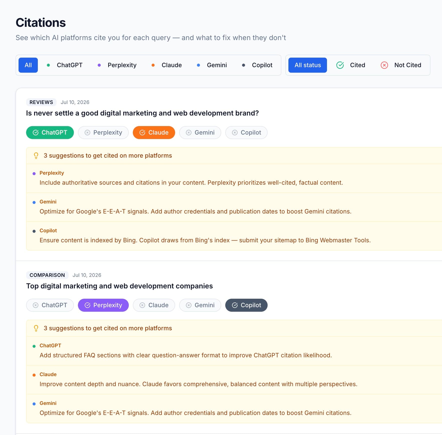 Dashboard tracking AI platform citations for specific queries and providing actionable optimization suggestions.