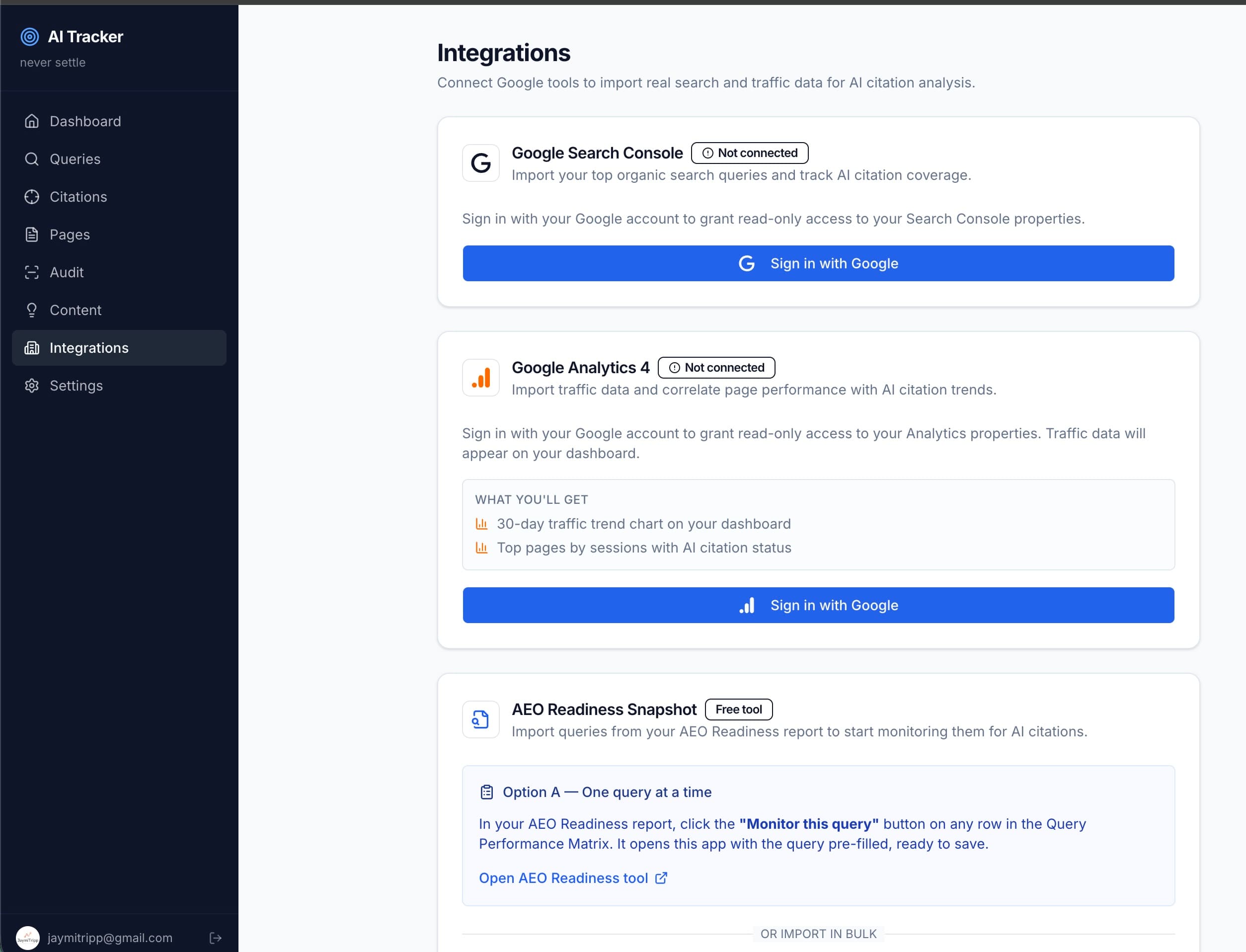 Dashboard interface showing integration options for Google Search Console, Google Analytics 4, and AEO Readiness.